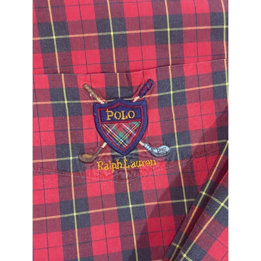 VTG Polo Ralph Lauren Mens Red Plaid Golf Crest Button Down Shirt Large Cotton - Picture 3 of 6